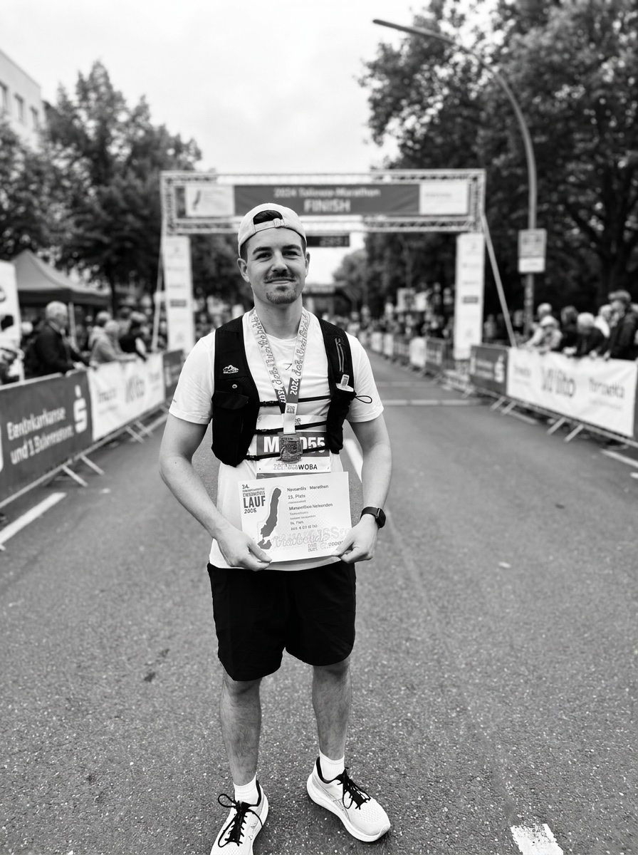 Maximilian Hohenstein im Zielbereich nach dem Marathon, mit Medaille und Finisher-Urkunde
